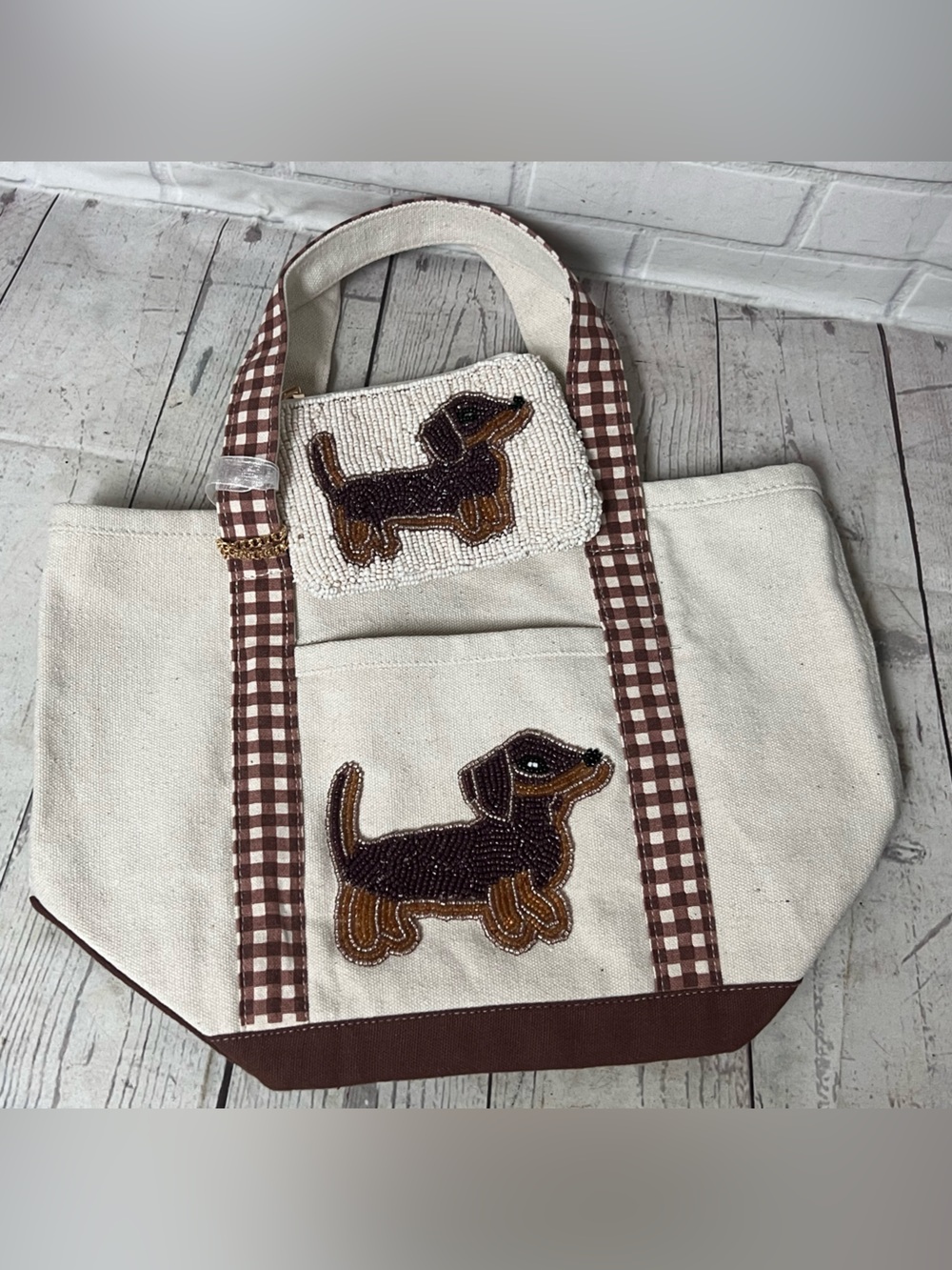 Dachshund Canvas Mini Tote Bag & Beaded Pouch Gingham Brown Wiener Dog India